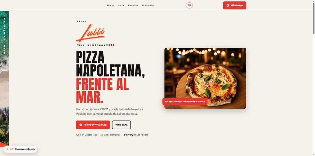 Website for Pizza Lulli, a Neapolitan pizzeria in Máncora