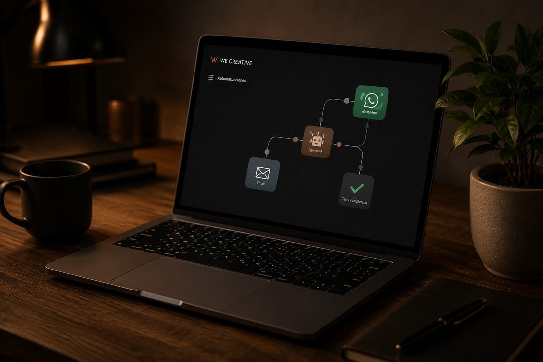 An automation flow chaining email, an agent and WhatsApp.