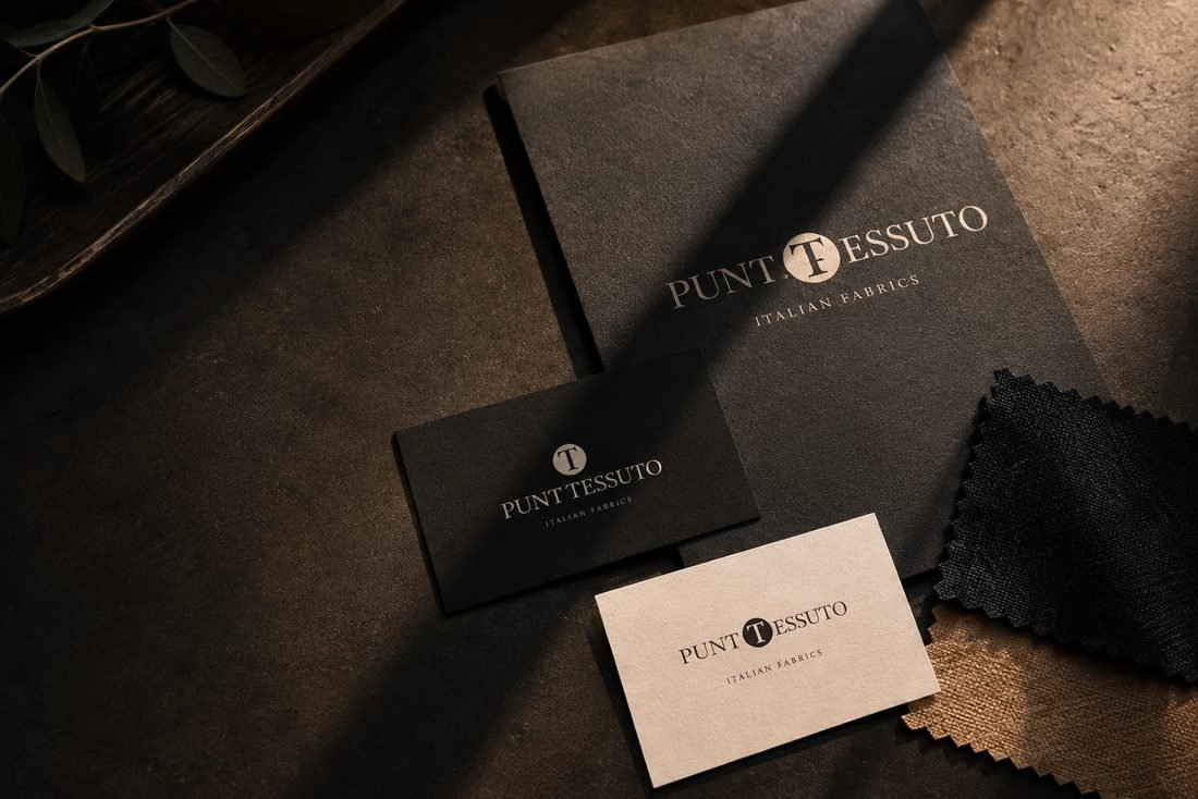 The Punto Tessuto logotype applied to cards, a folder and fabric swatches.