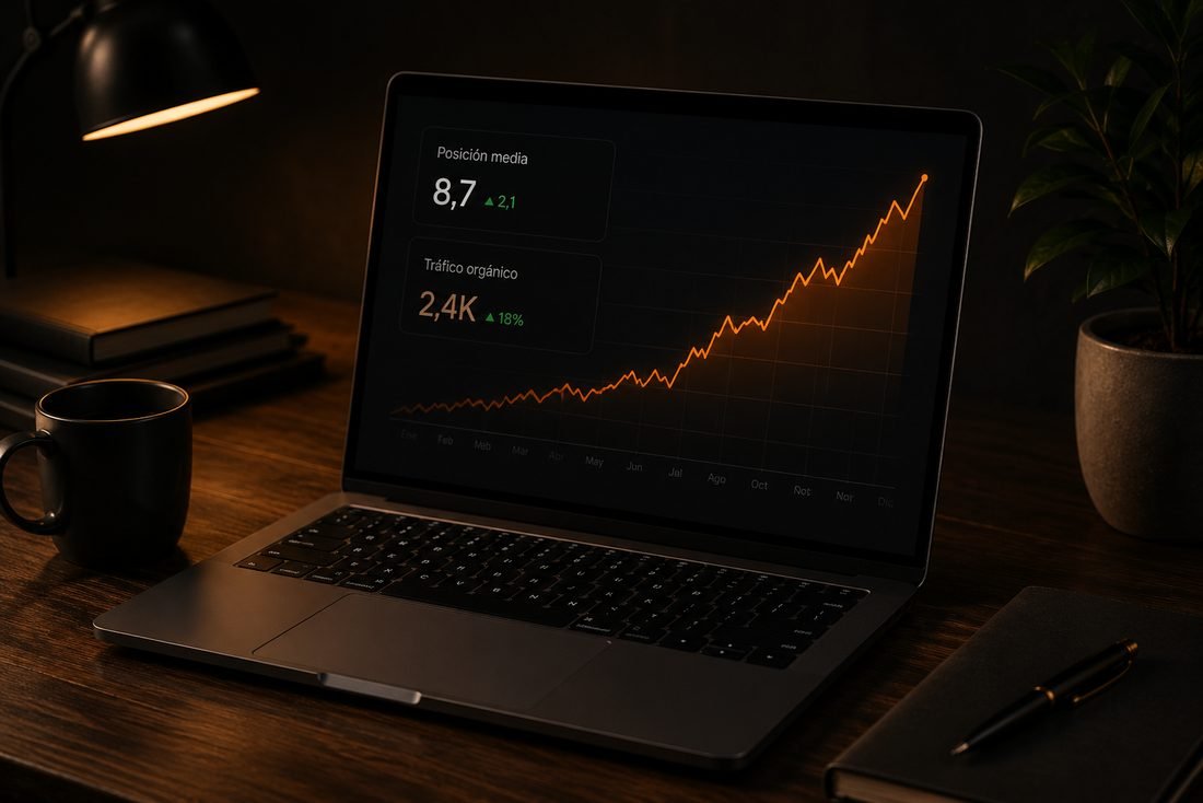 A dashboard showing the evolution of rankings and organic traffic.