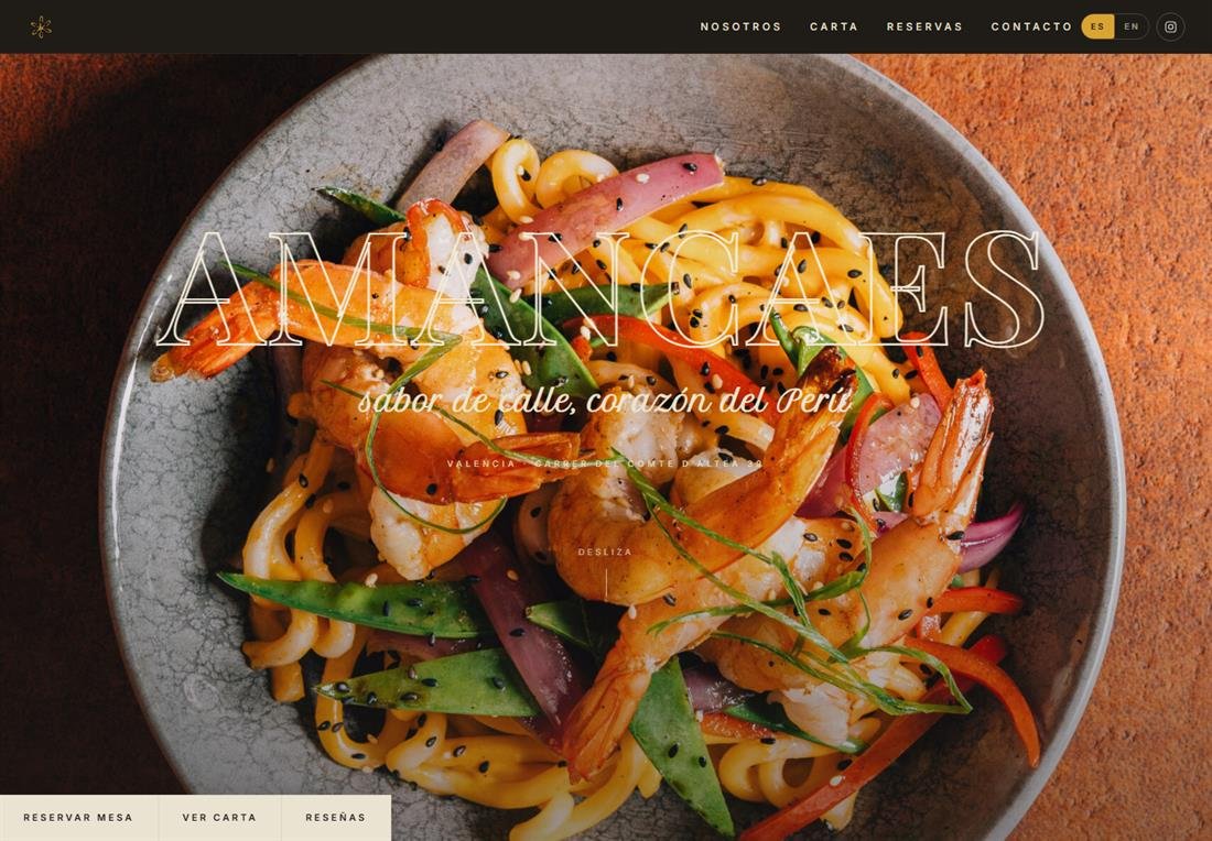Portada de la web de Amancaes, con un plato de tallarín salteado a pantalla completa.