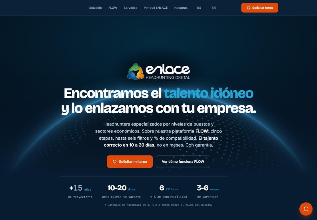 Portada de Enlace Headhunting Digital, con titular sobre fondo azul oscuro y cuatro cifras de servicio.