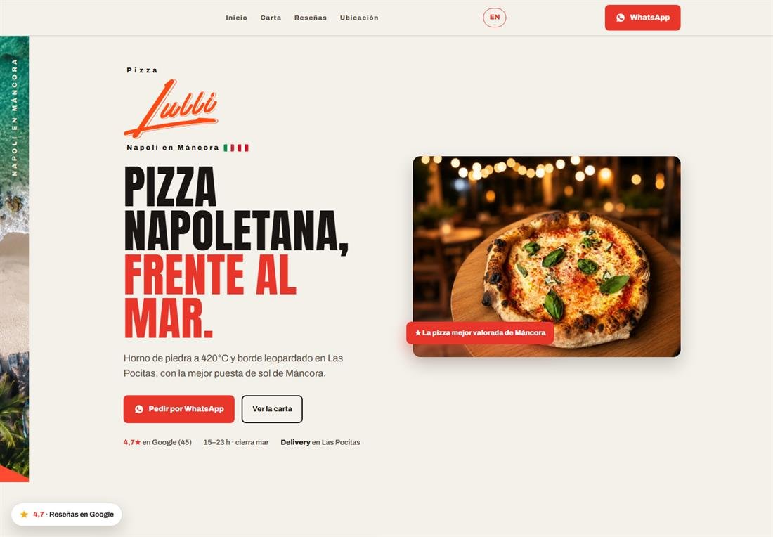 Portada de Pizza Lulli con el titular Pizza napoletana, frente al mar y una margarita sobre tabla de madera.