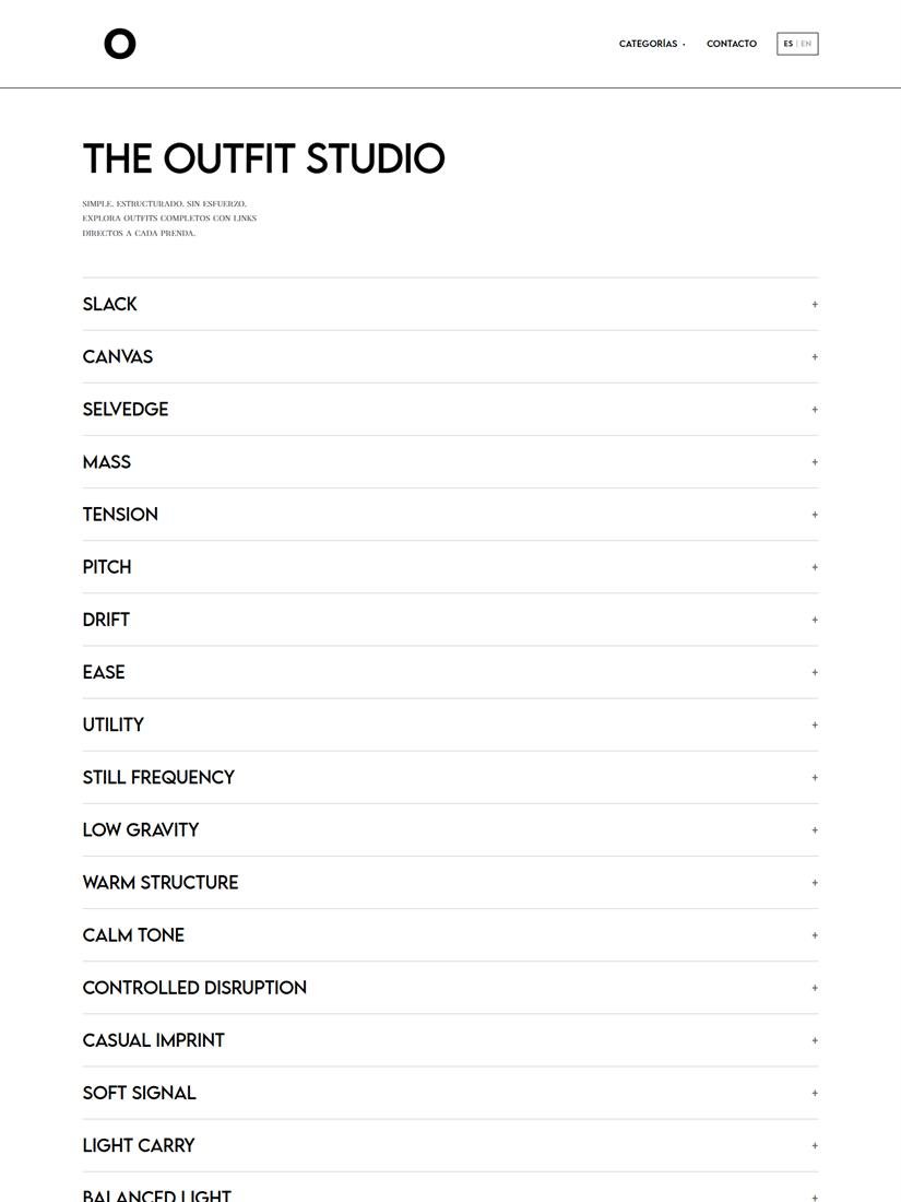 Portada de The Outfit Studio: el título del estudio sobre blanco y la lista de outfits desplegables.